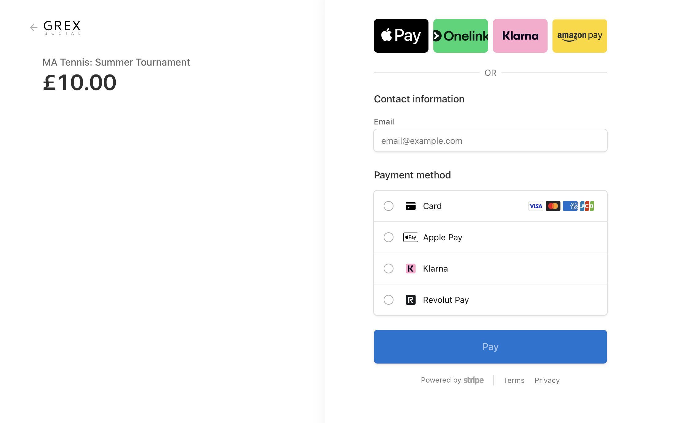 Stripe checkout for the tournament entry fee